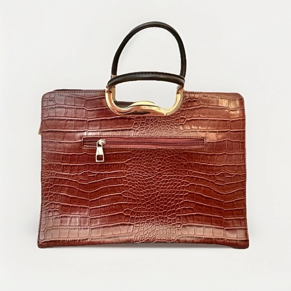 Snakeskin Red Brown Faux Leather Purse Handbag Gold Trim Structured Classy Bag - Picture 4 of 7